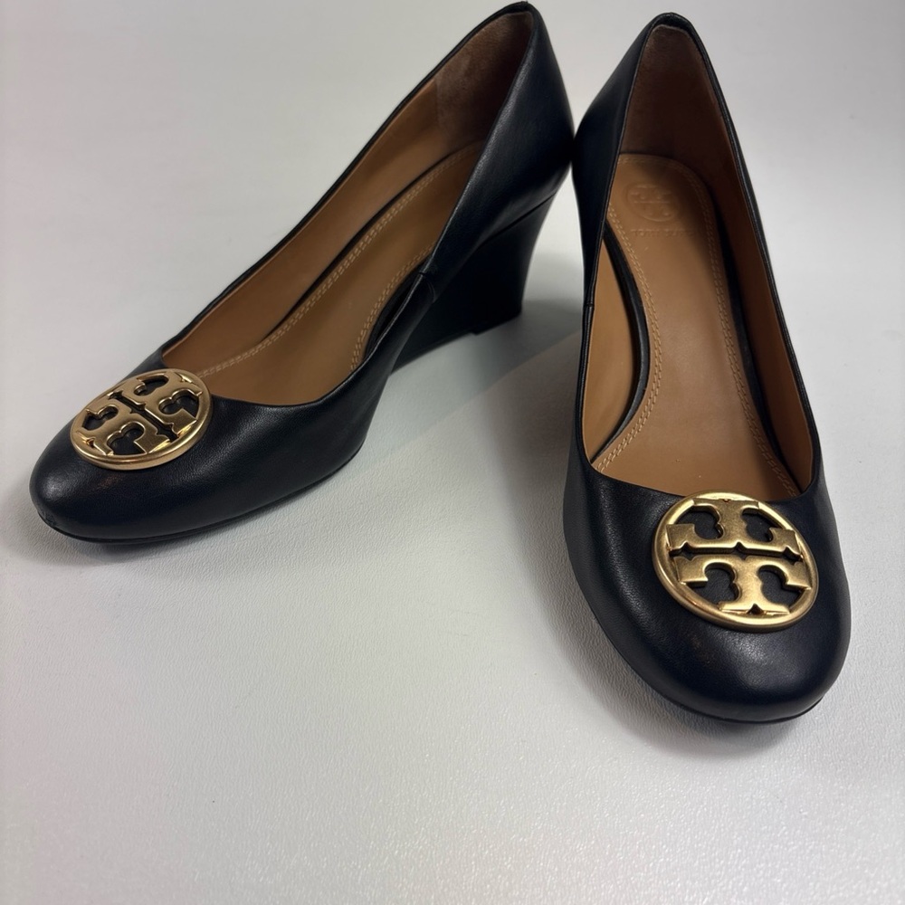 Tory Burch Black Wedges with Gold Logo